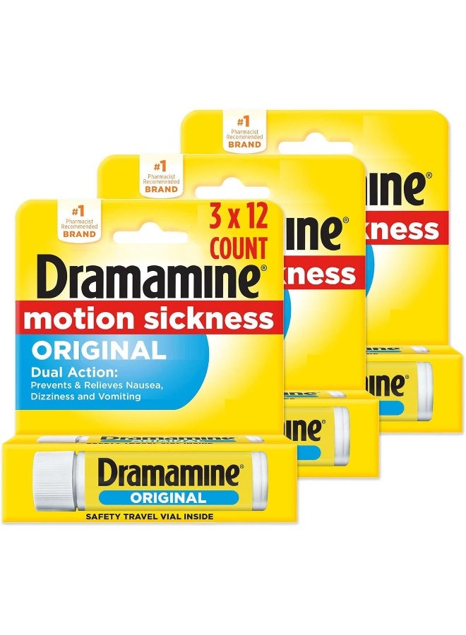 Dramamine Motion Sickness Original, Travel Vial, 12 Count, 3 Pack - Image 1